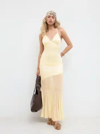 Satin V-neck Criss Cross Asymmetrical Mermaid Hem Cami Maxi Dress