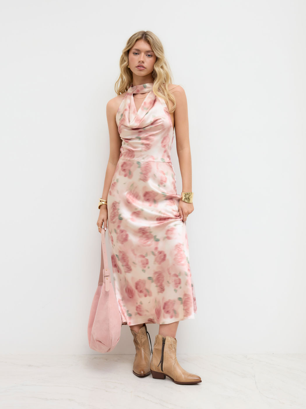 Satin Halter Neckline Floral Backless Maxi Dress