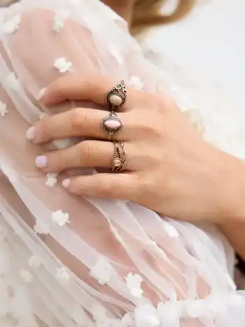 7PCS GEMSTONE & RHINESTONE & LEAF RING SET