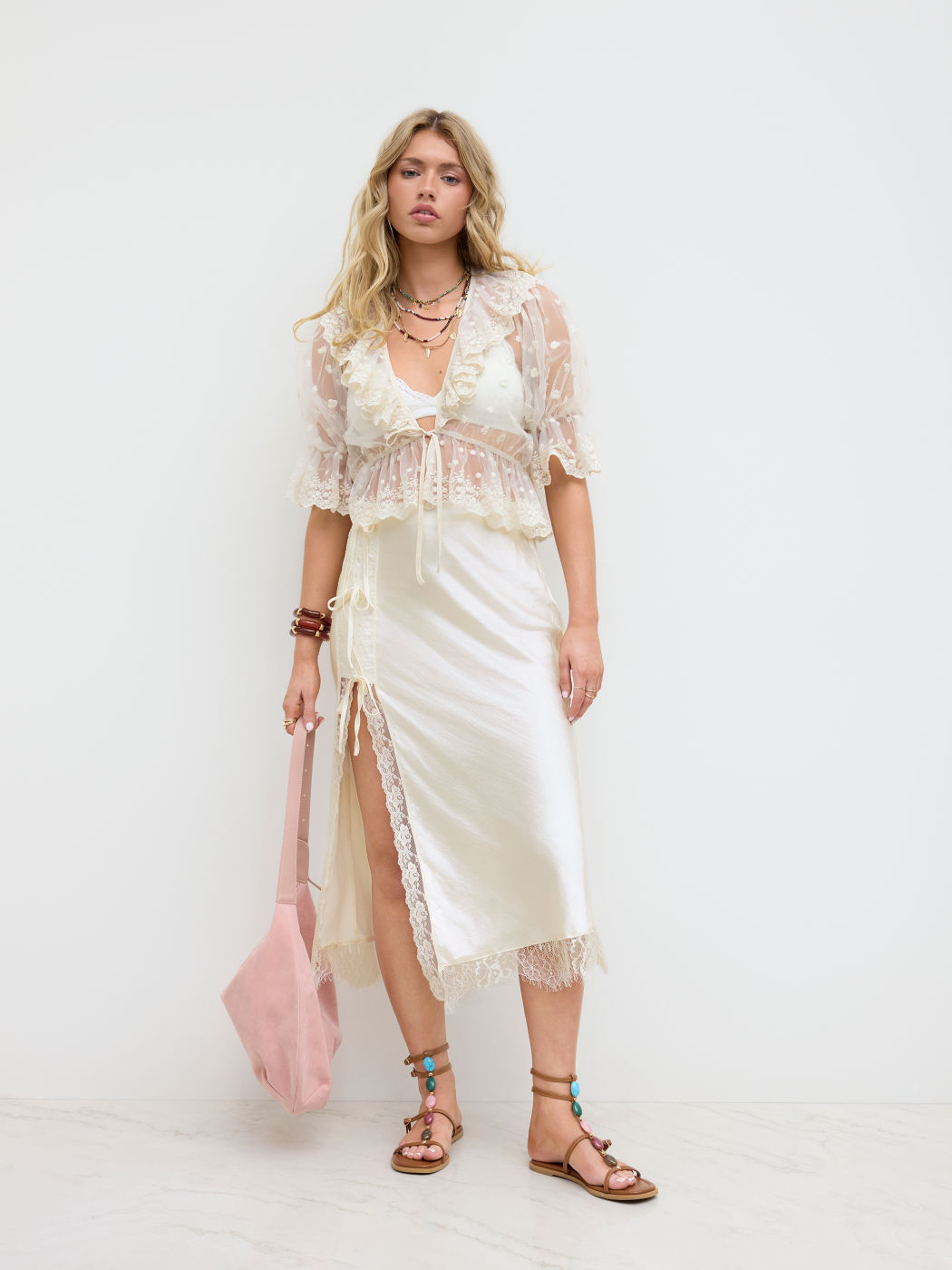 Satin Mid Rise Knotted Lace Trim Split Maxi Skirt