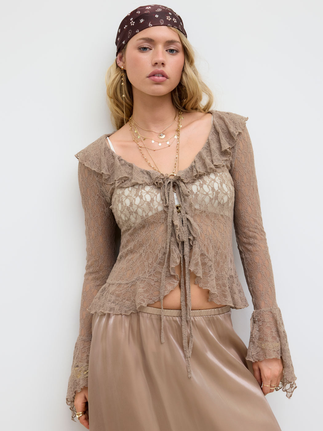 Lace V-neck Ruffle Lettuce Trim See-through Top