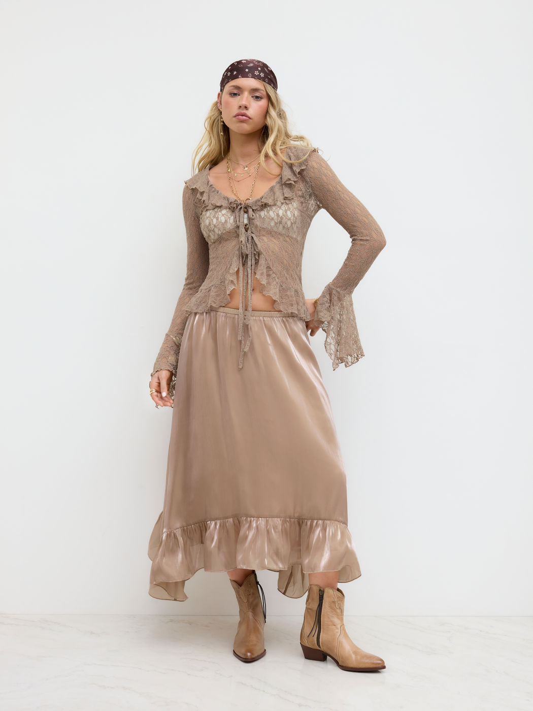 Lace V-neck Ruffle Lettuce Trim See-through Top