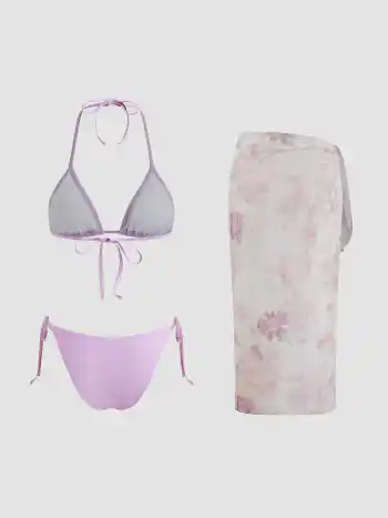 Halter Neckline Knotted Triangle Tie Side Bikini Set With Floral Sarong