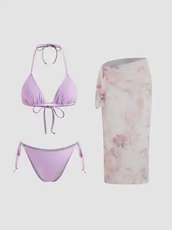 Bikini-Set mit Halterhalsausschnitt, geknotetem Dreieck und Seitenbinde, inklusive floralem Sarong
