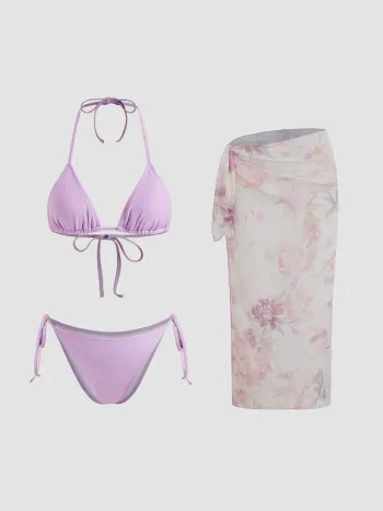 Halter Neckline Knotted Triangle Tie Side Bikini Set With Floral Sarong
