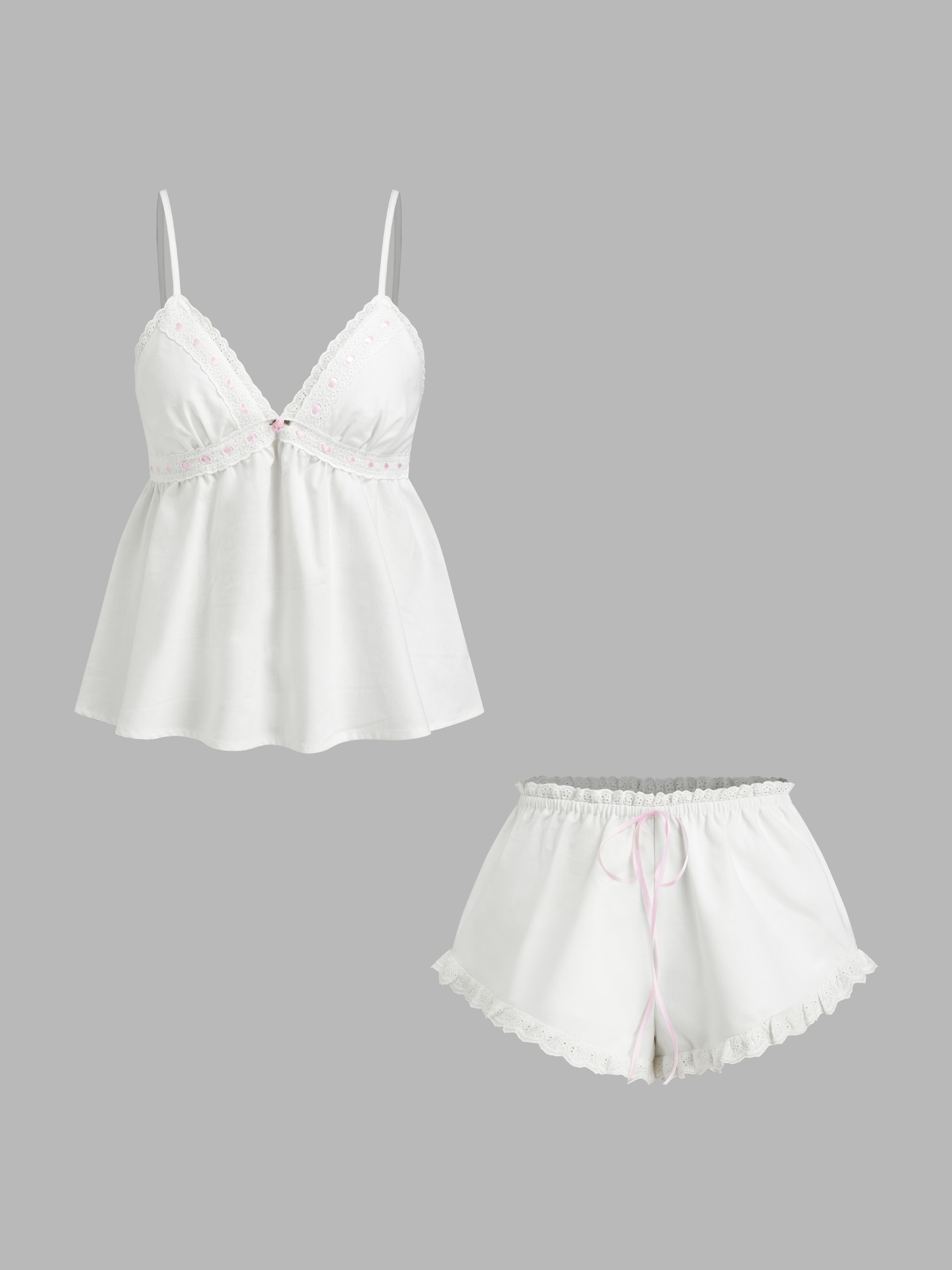 Linen-blend V-neck Rose Detail Lace Trim Ruffle Hem Top & Mid Rise Bowknot Shorts Loungewear Set