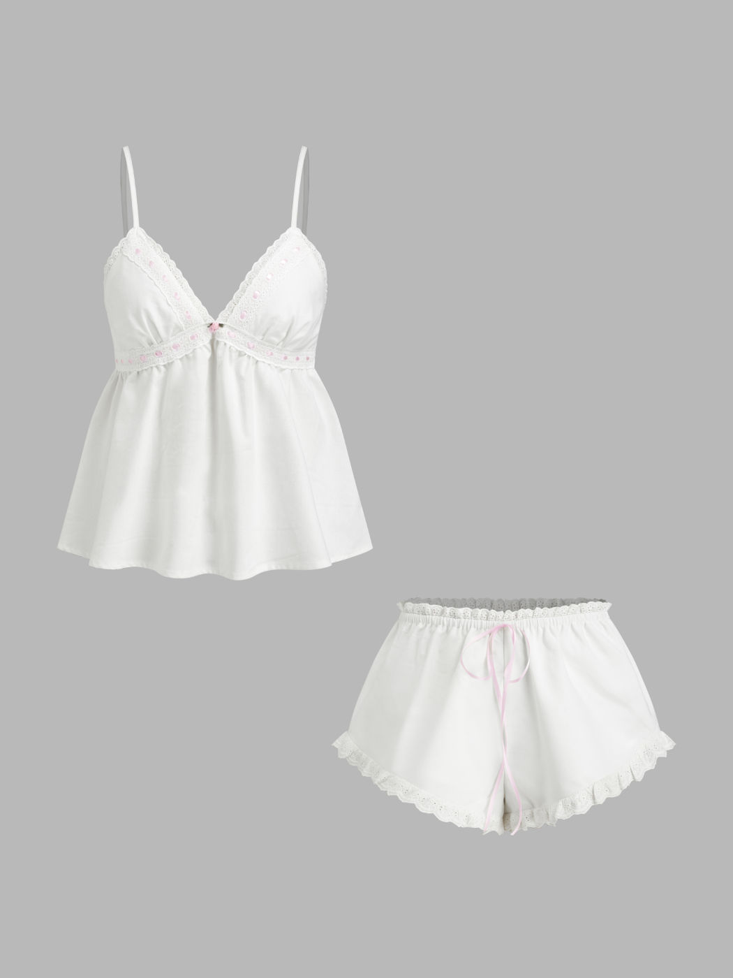 Linen-blend V-neck Rose Detail Lace Trim Ruffle Hem Top & Mid Rise Bowknot Shorts Loungewear Set