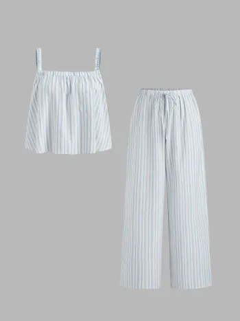 Set loungewear oversize con top a cami a righe con scollo squadrato in misto cotone e pantaloni a gamba dritta con coulisse a vita media