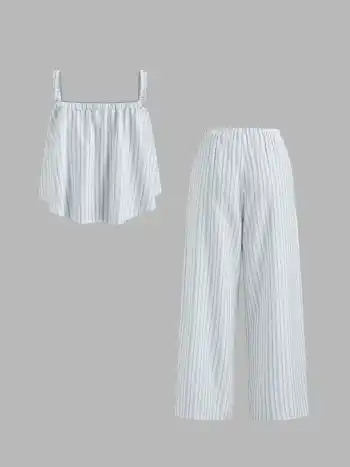 Set loungewear oversize con top a cami a righe con scollo squadrato in misto cotone e pantaloni a gamba dritta con coulisse a vita media