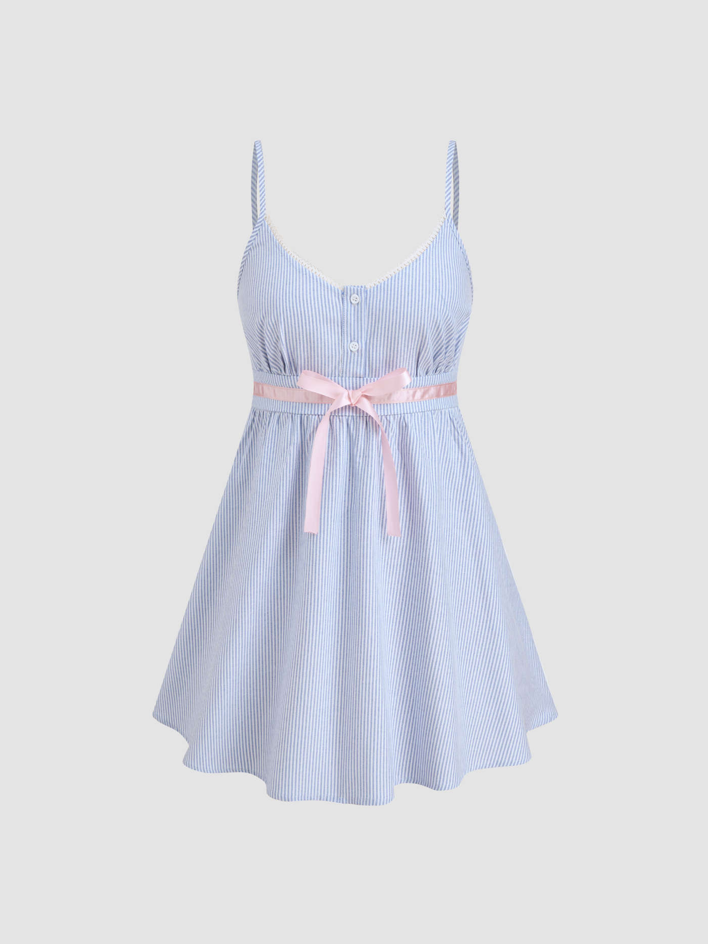 Cotton-blend V-neck Stripe Bowknot Ruffle Hem Mini Nightdress