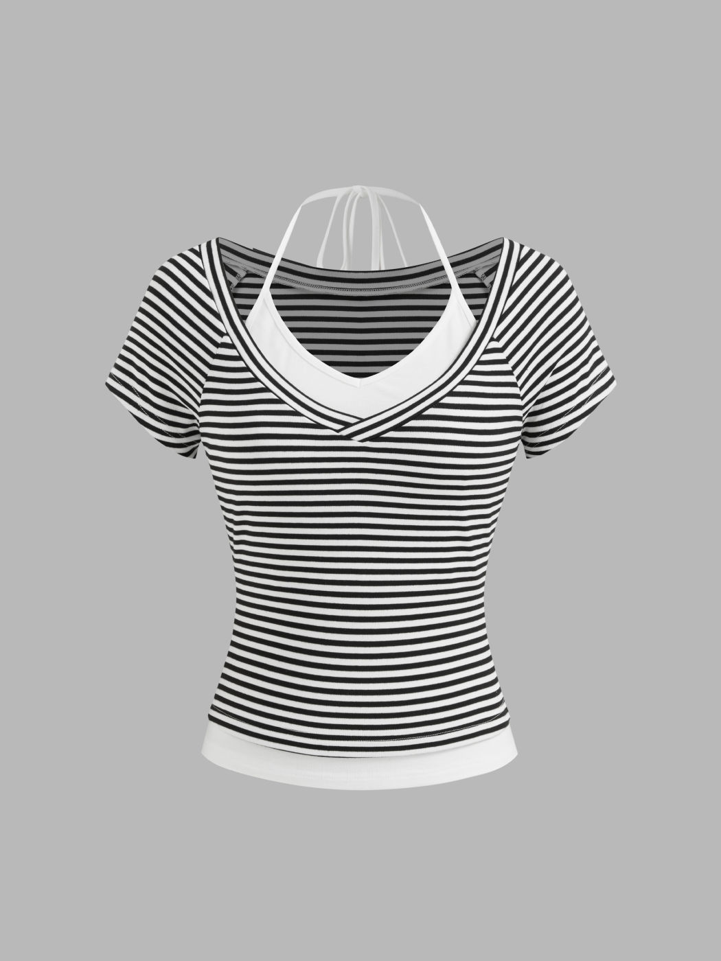 Halter V-neck Two Tone Stripe Knotted Short Sleeve Tee