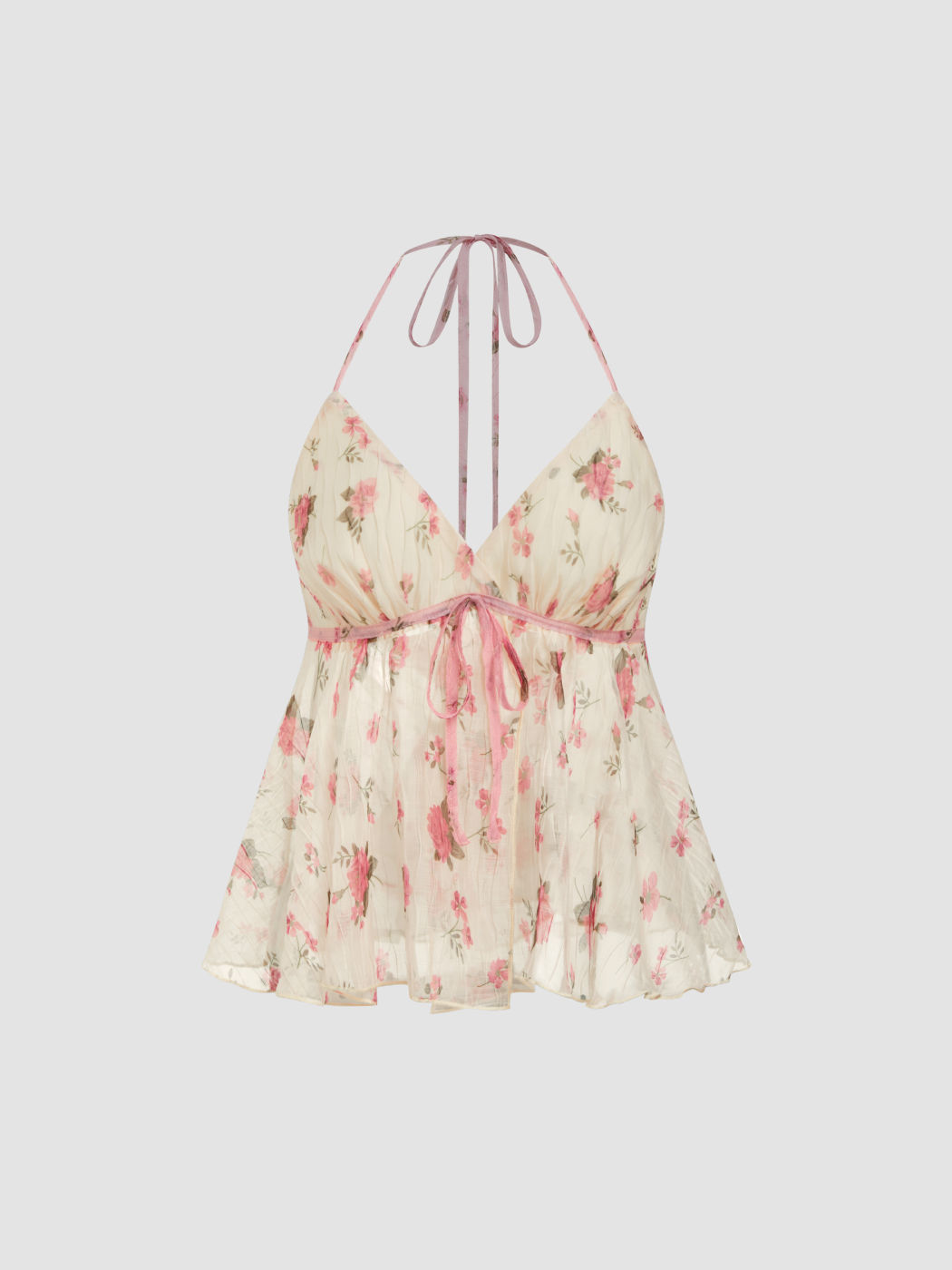 Halter V-neck Floral Lettuce Trim Cami Top