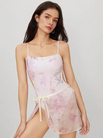 Shaping Floral Cut Out One Piece Swimsuit With Sarong