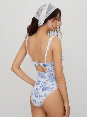 Shaping V-neck Floral Ruched Lace Trim One Piece Swimsuit