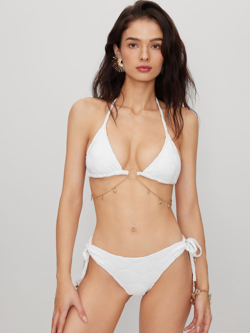 V-neck Shell Texture Chain O-Ring Triangle Bikini Set