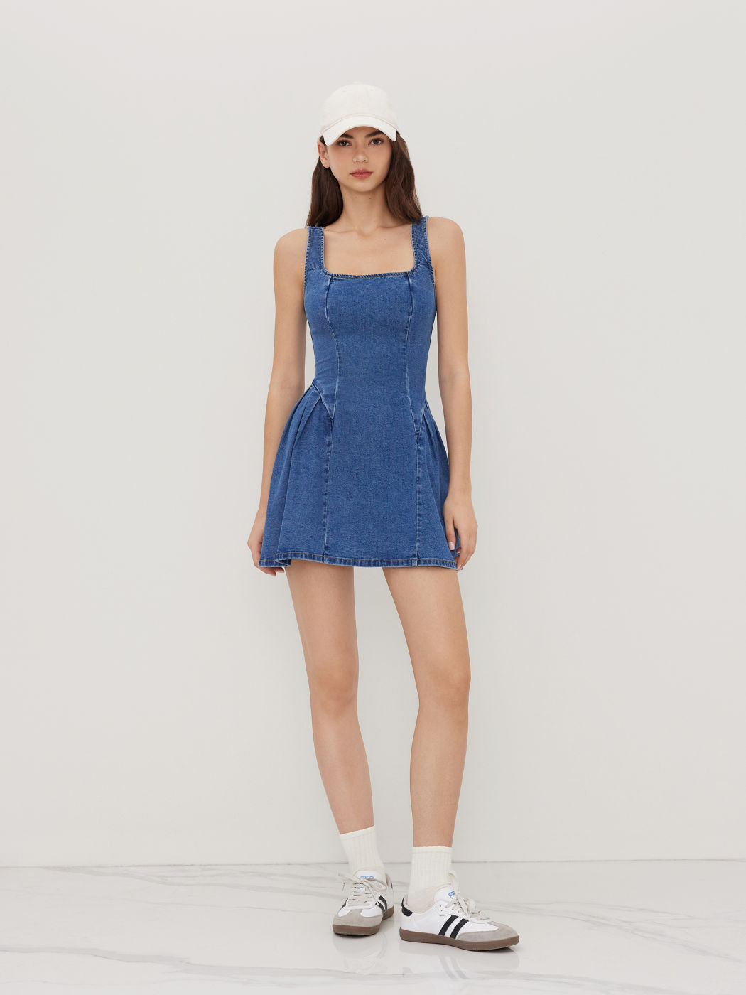 High Stretch Denim Scoop Neckline Ruffle Mini Dress