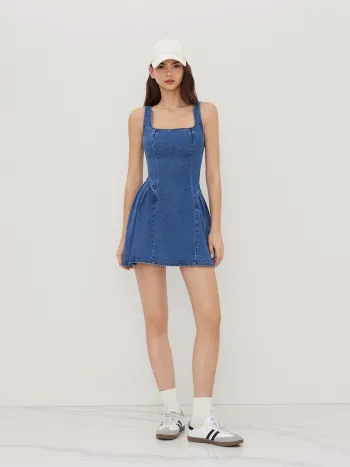 High Stretch Denim Scoop Neckline Ruffle Mini Dress