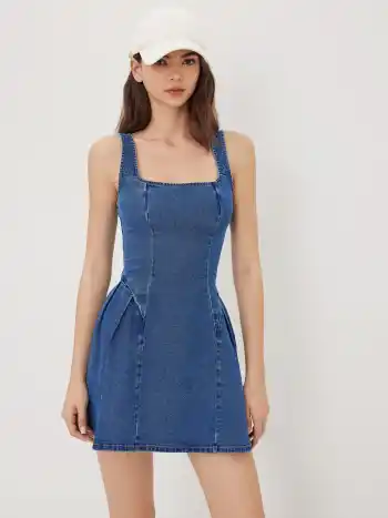 High Stretch Denim Scoop Neckline Ruffle Mini Dress