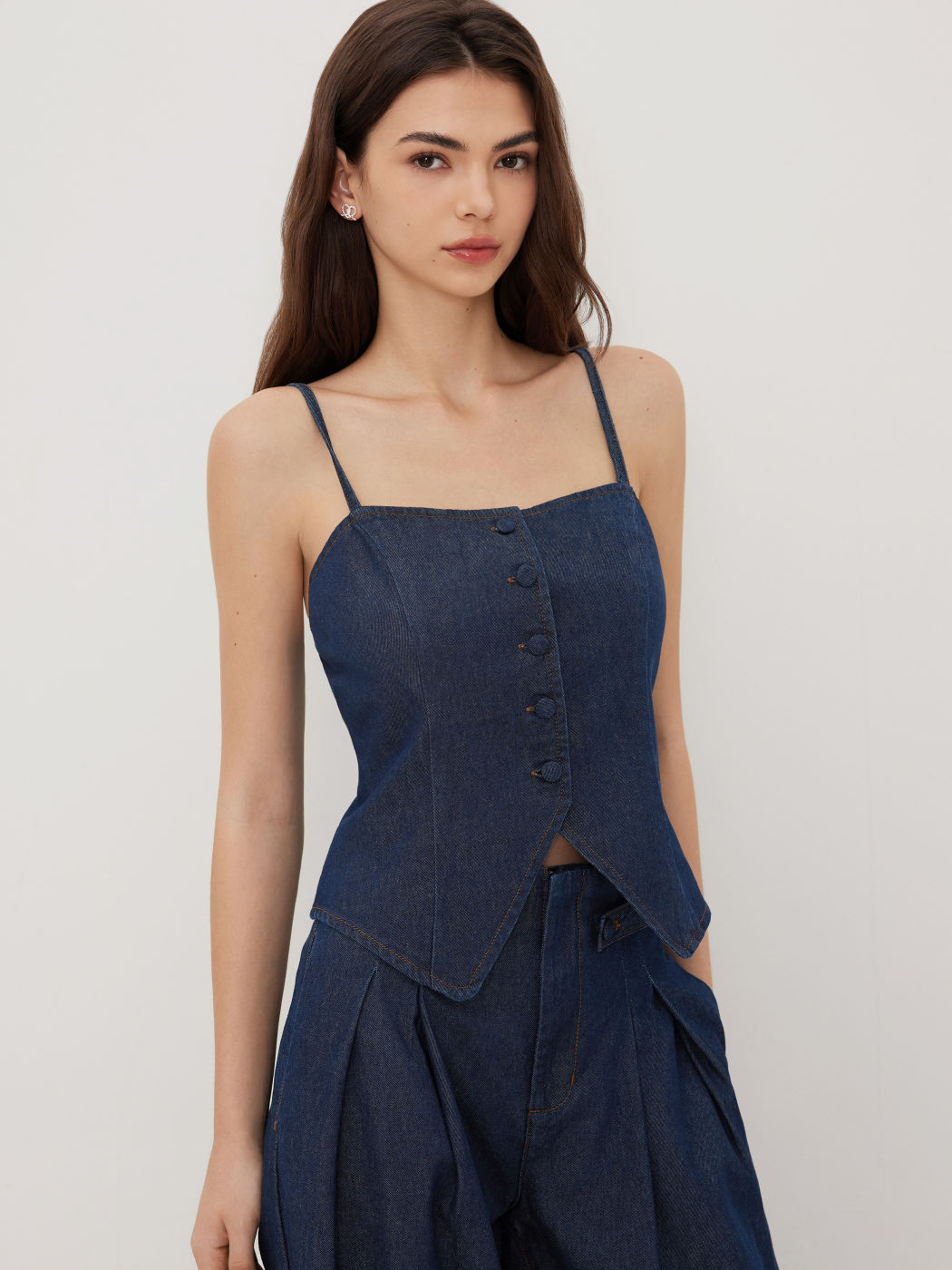 Denim Square Neck Button Through Split Cami Top