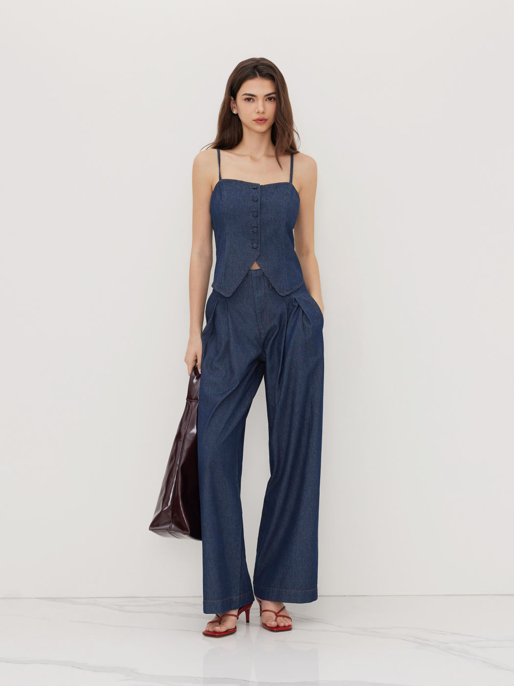 Denim Square Neck Button Through Split Cami Top