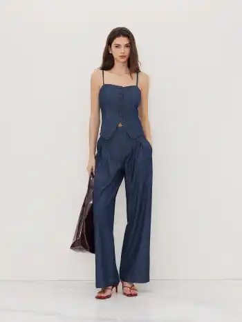 Top Cami in Denim con Scollo Squadrato, Bottoni e Spacco