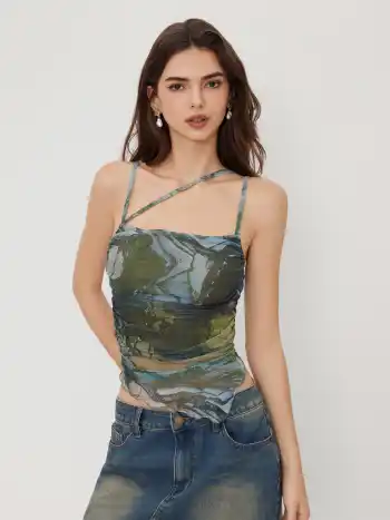 Crop Tops en maille avec motif abstrait et finition en laitue asymétrique