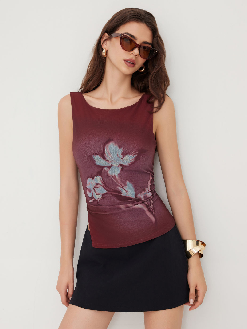 Mesh Boat Neck Floral Graphic Ruched Split Tank Top