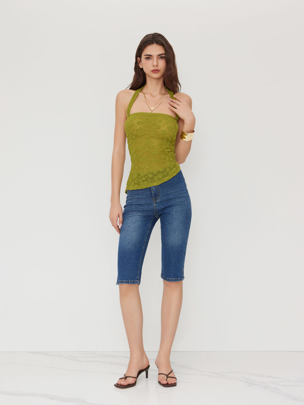 Halter Neckline Floral See-Through Asymmetrical Hem Top