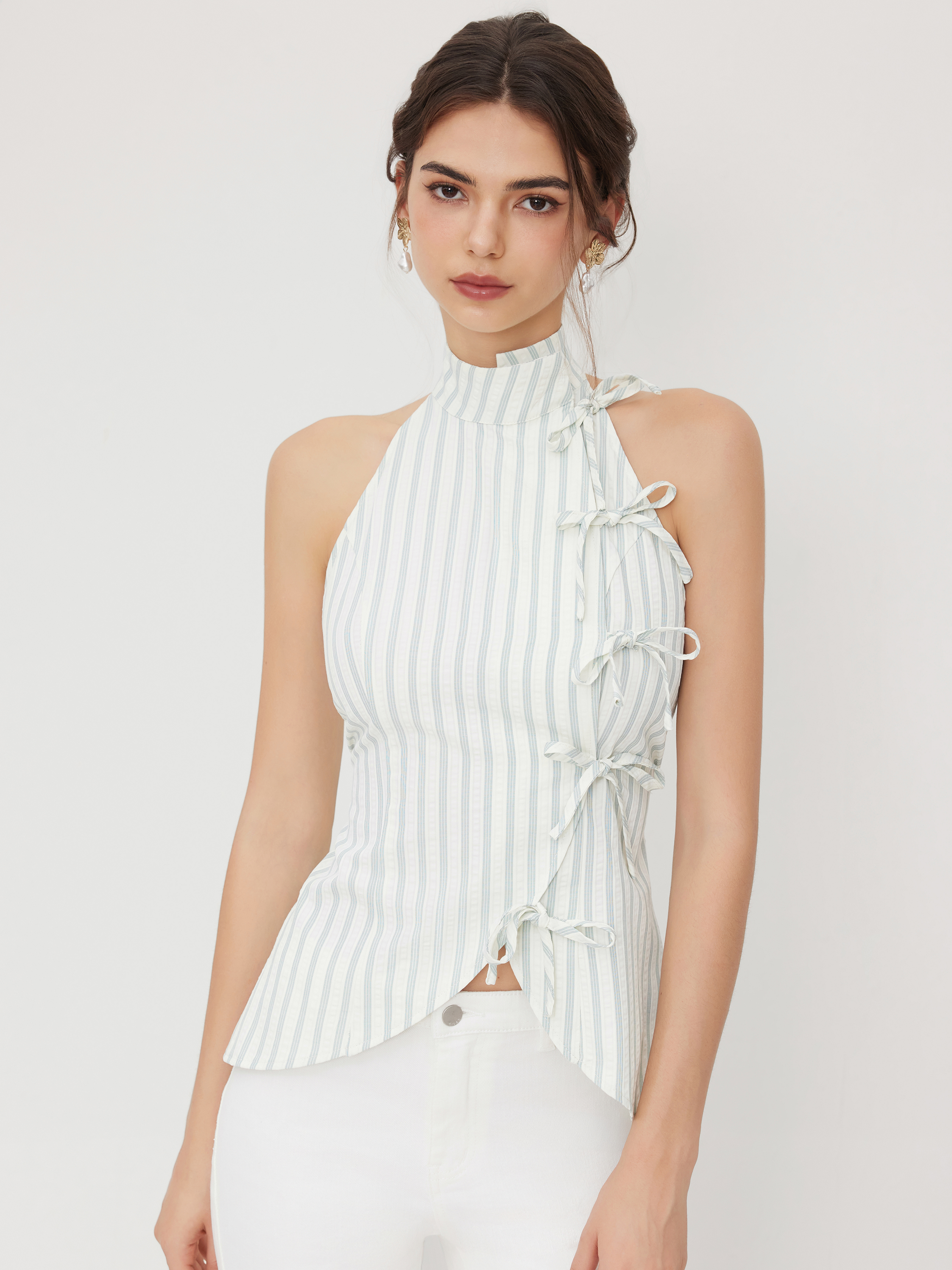 Woven Cotton 100% Cotton Round Neck Solid Bowknot Sleeveless