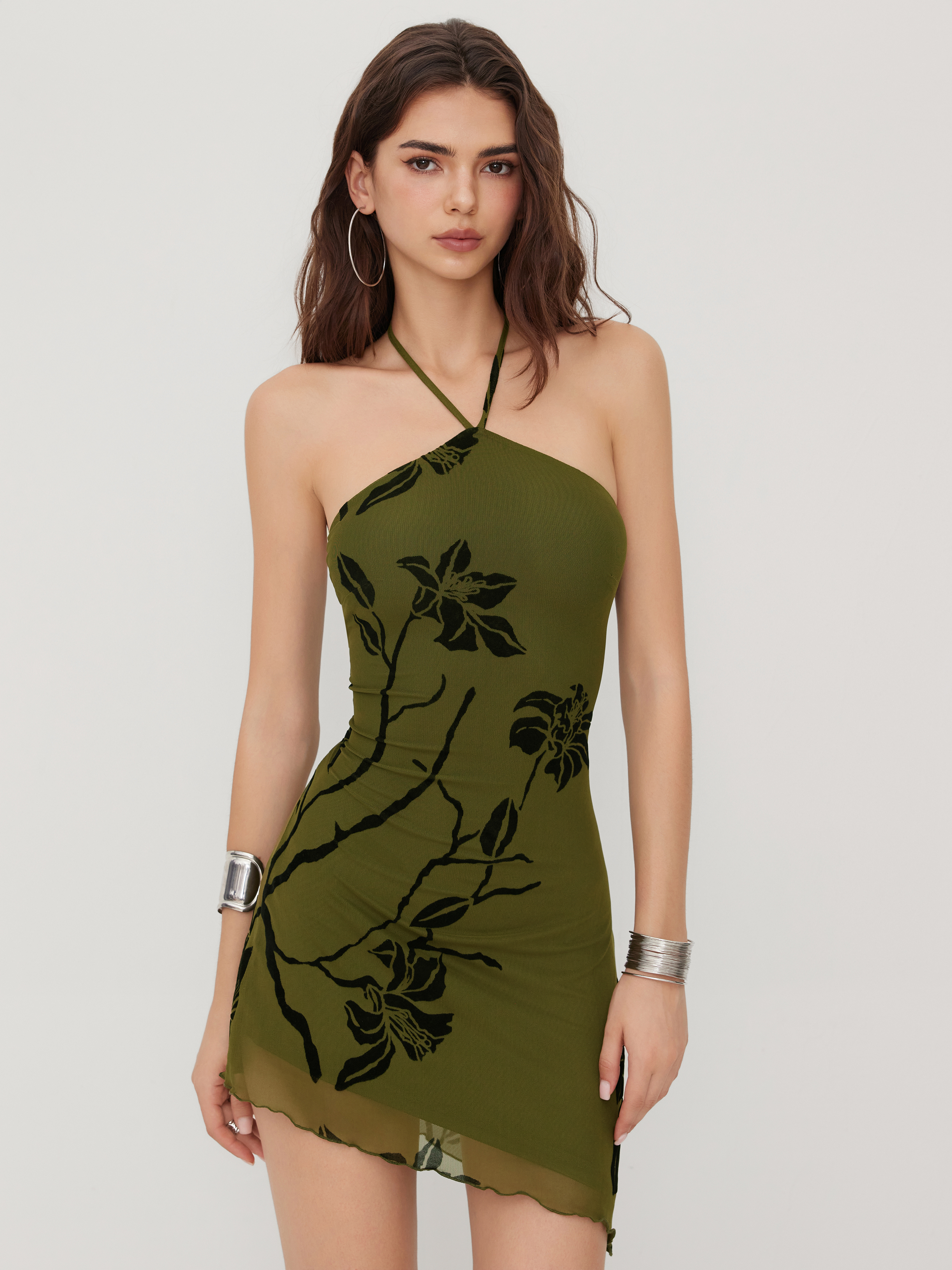 Mesh Halter Neckline Floral Graphic Knotted Asymmetrical Hem Mini Dress