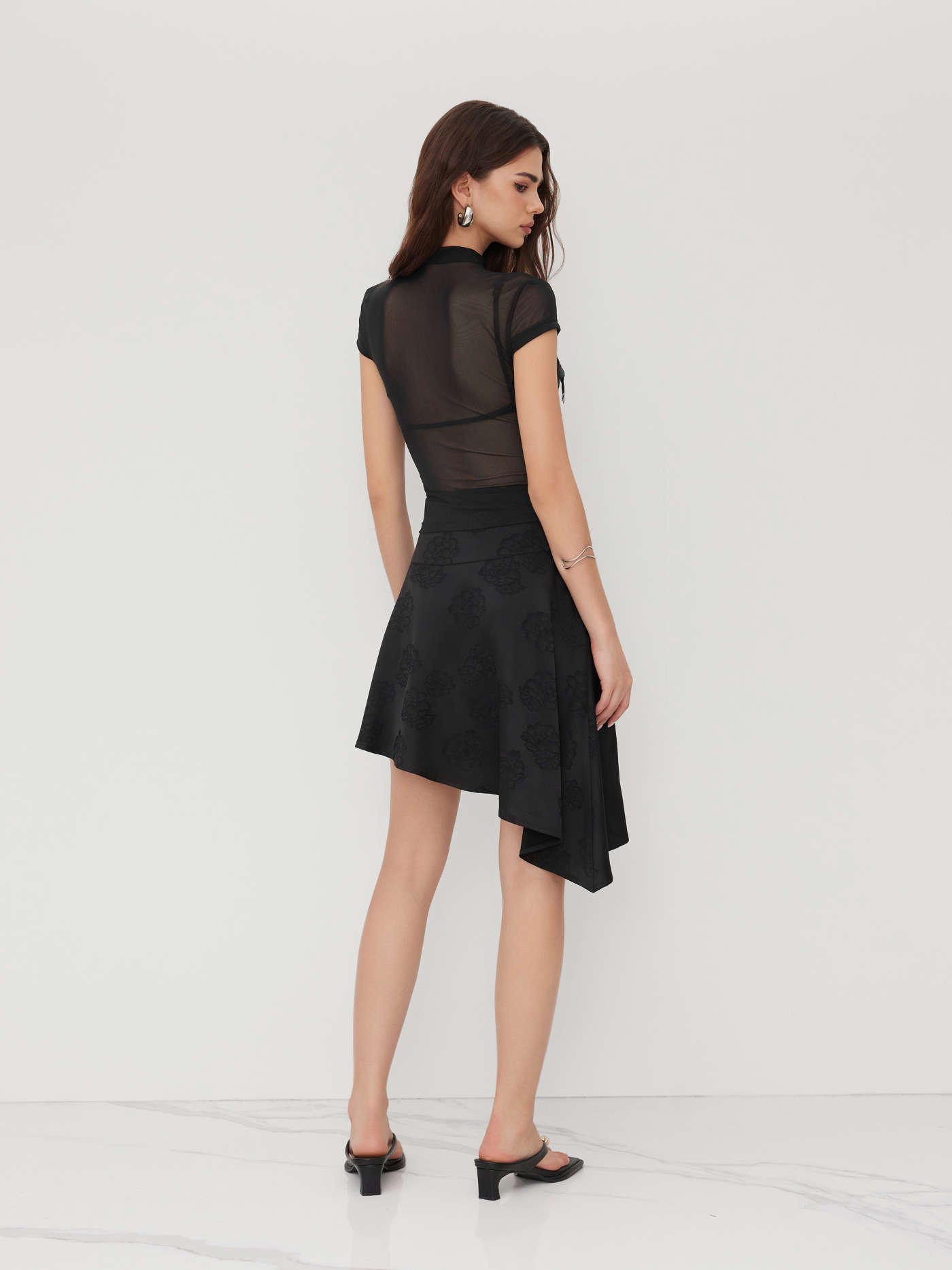 Mesh Mesh Stand Collar Sequin Flower See-through Tie Front Top For Music Festival/Live House