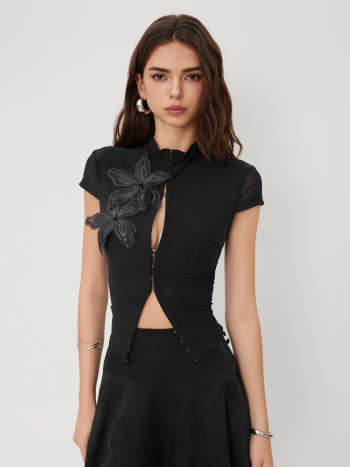Mesh Stand Collar Sequin Flower See-through Tie Front Top