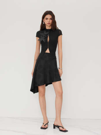 Mesh Stand Collar Sequin Flower See-through Tie Front Top