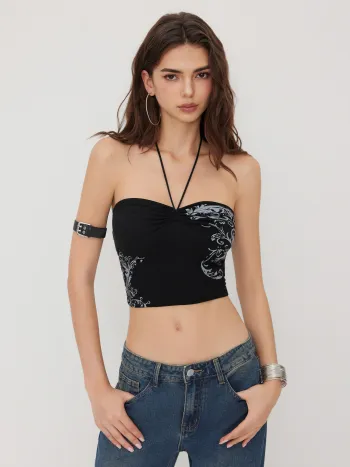 Halter Neckline Graphic Beaded Knotted Crop Top
