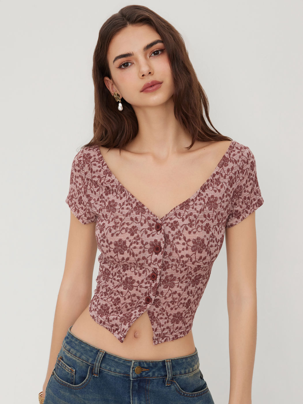 Off-shoulder & V-Neck Floral Button Through Top