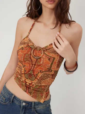 Halter-Ausschnitt Blumenmuster Asymmetrisches Hem Oberteil