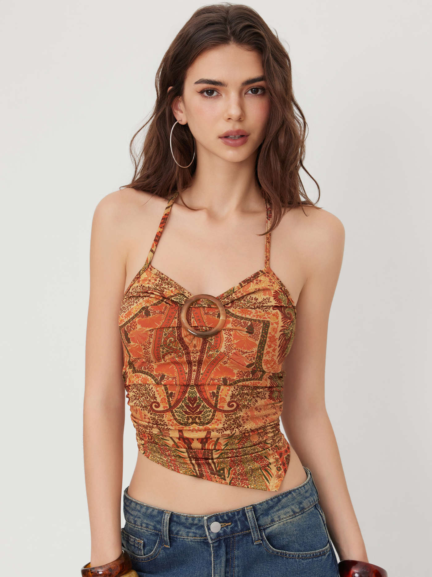 Halter Neckline Floral Asymmetrical Hem Top
