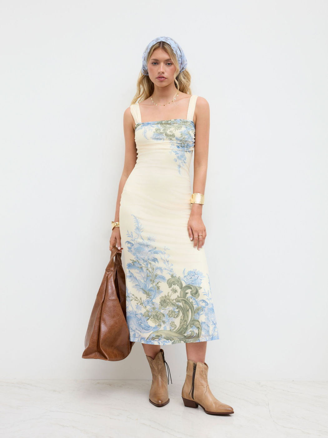 Mesh Square Neck Flower Graphic Ruched Maxi Dress