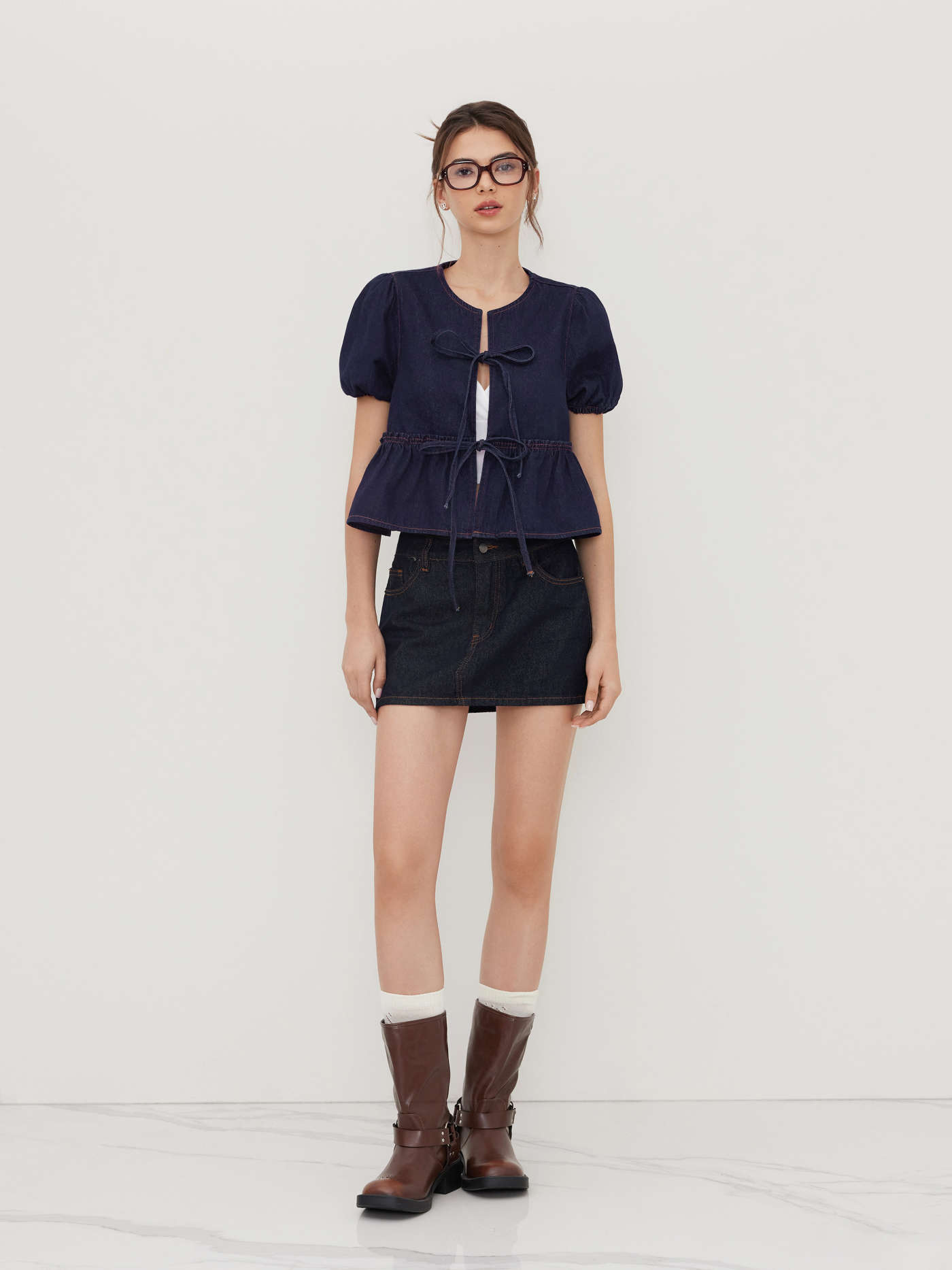 Denim Tie Front Bow Puff Sleeve Oversized Blouse