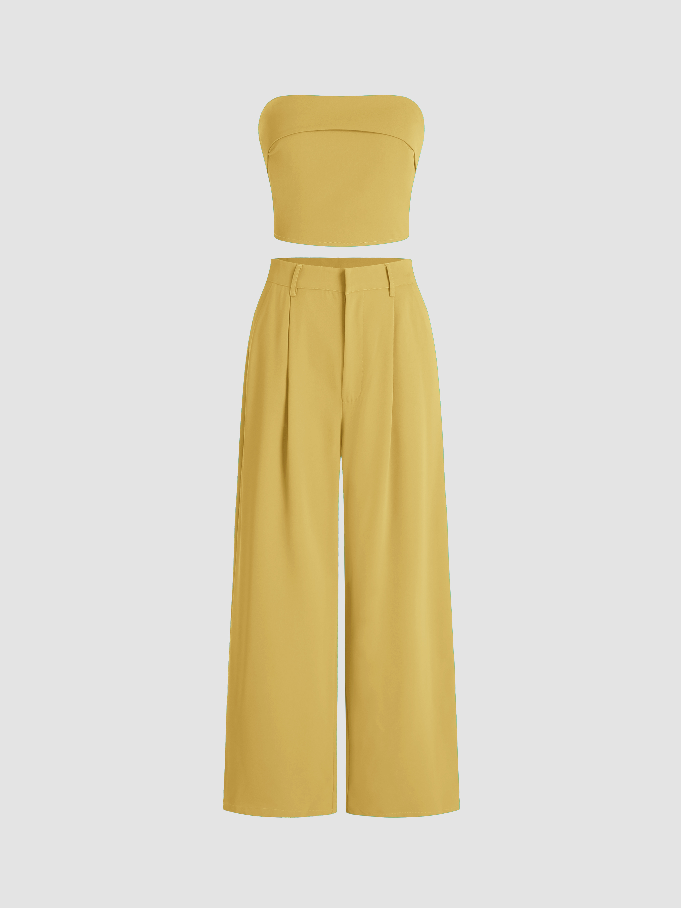 【Cider】チューブトップ ＆ ワイドパンツ SET 2色 Two Piece Sets Woven Solid Shirred Tube Top & High Waist