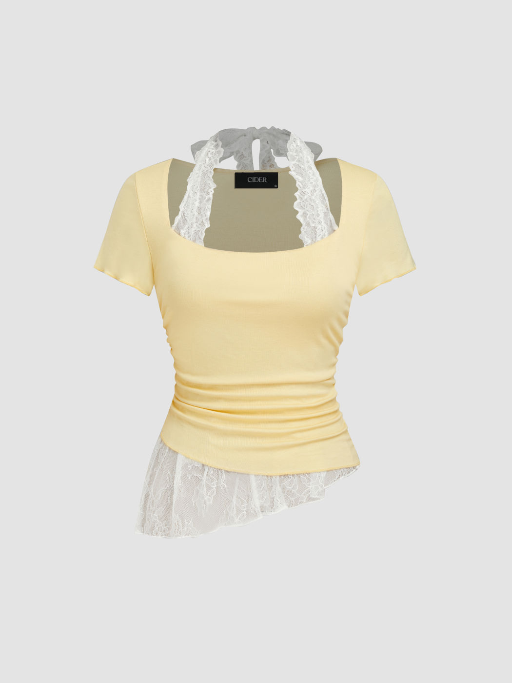 Halter Neckline Contrasting Lace Ruched Knotted Asymmetrical Top