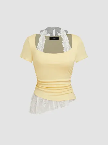 Halter Neckline Contrasting Lace Ruched Knotted Asymmetrical Top