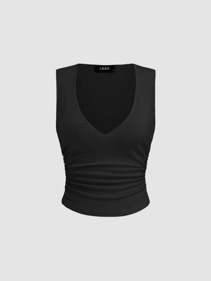 Knit Fabric Cotton-blend V-neck Ruched Tank Top For Daily Casual