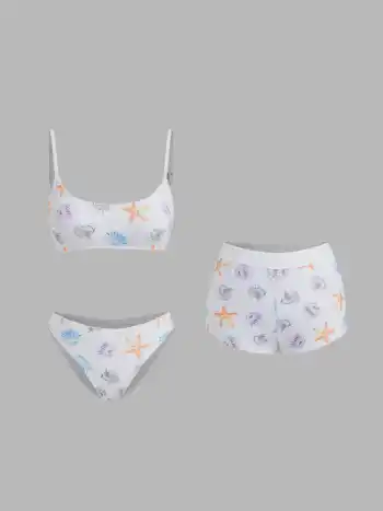 U-Halslinie Seeesterne & Muschel Armband Schalkhaftes Bikini-Set mit Cover-Up Shorts