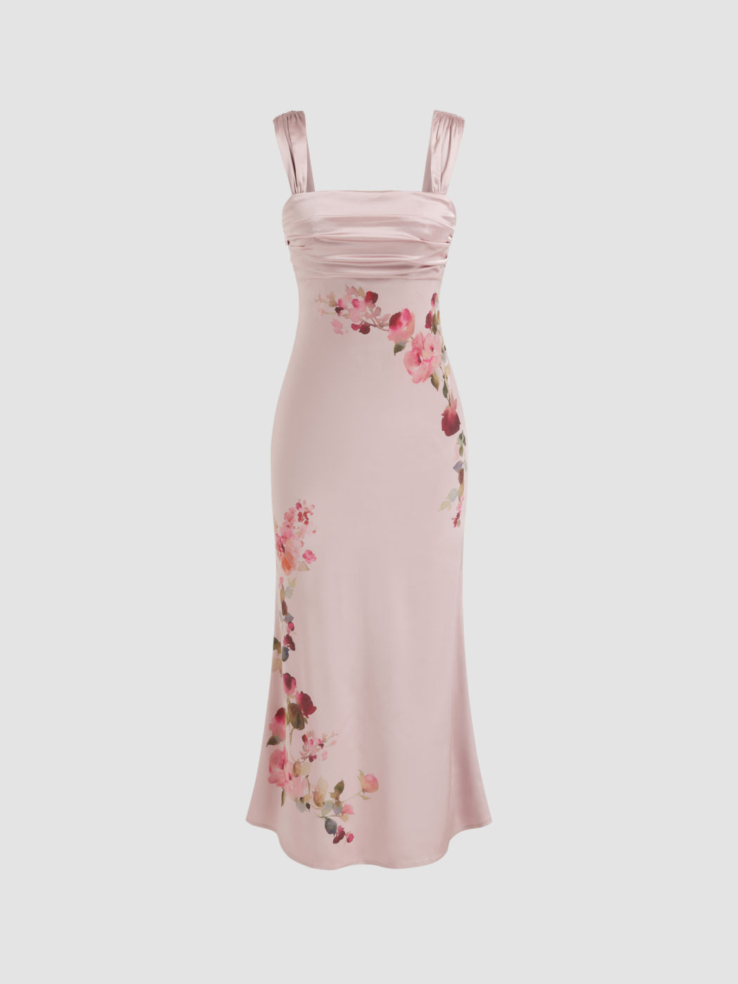 Satin Square Neck Floral Ruched Mermaid Maxi Dress