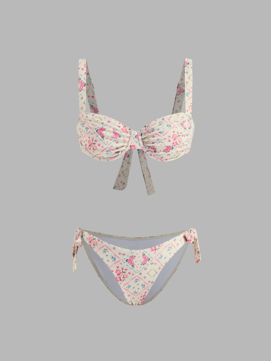 Sweetheart Floral Ruched Knotted Underwire Cheeky Bikini Set