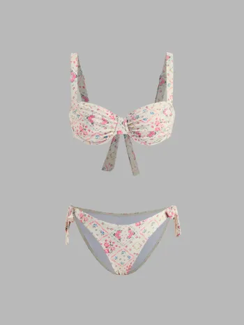 Sweetheart Floral Ruched Knotted Underwire Cheeky Bikini Set