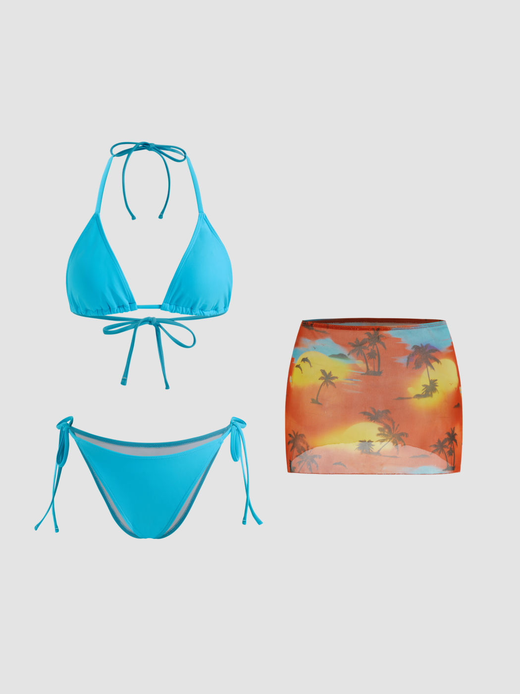 Halter Neckline Knotted Triangle Tie Side Bikini Set With Low Rise Sunset Beach Cover Up Skirt