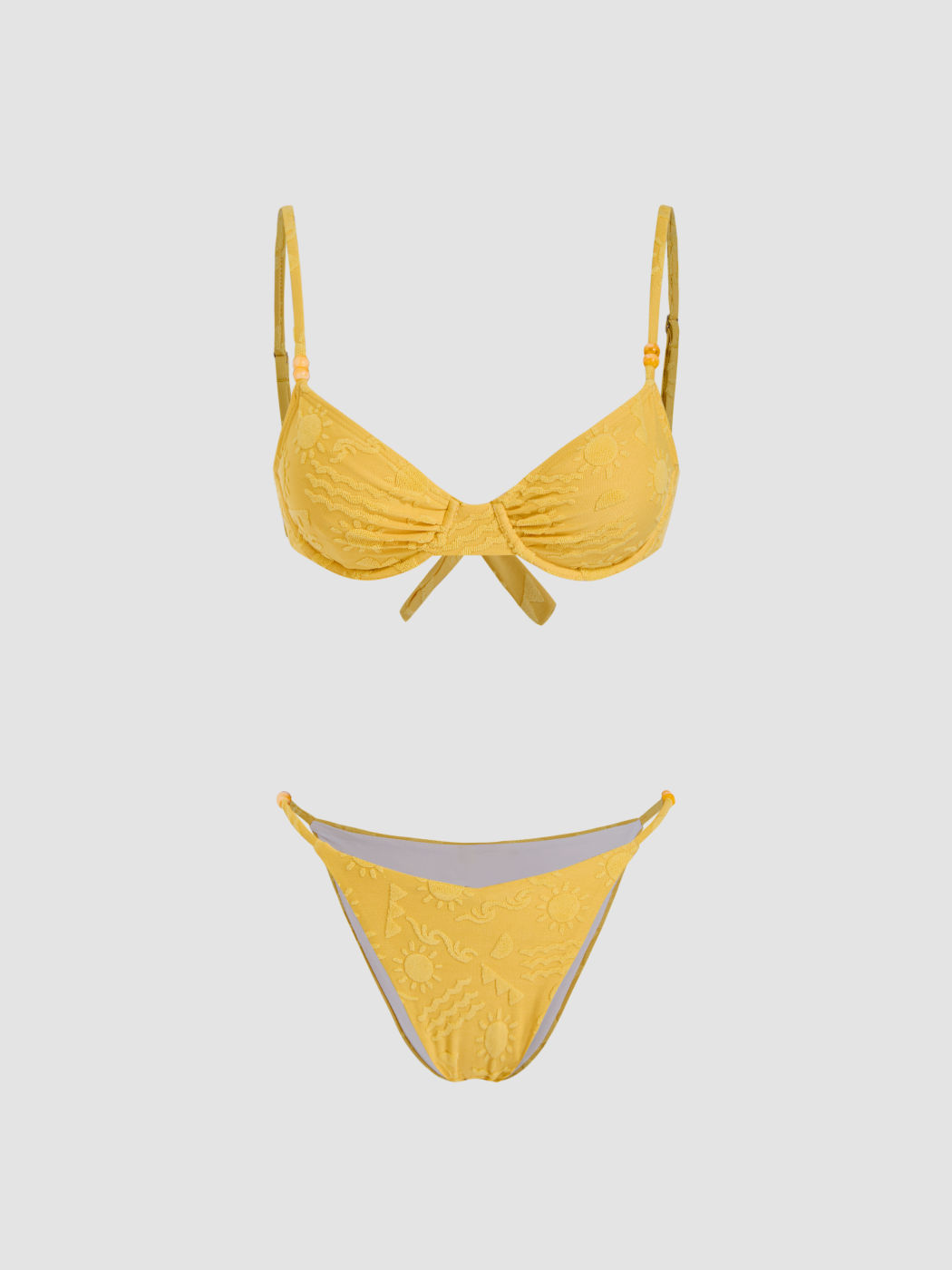 V-neck Weather Texture Beaded Ruched Underwire Bikini Set