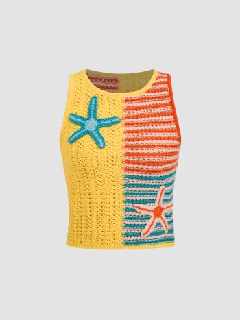 Knit Round Neckline Starfish Colorblock Crop Vest
